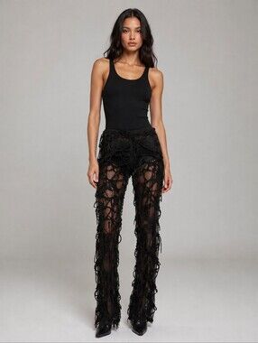 Black Sheer Shredded Mesh Pants Distressed Grunge Goth Festival 35" Inseam 32x35